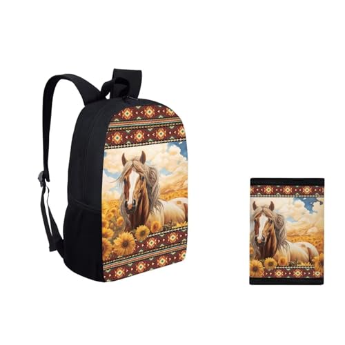 COEQINE Horse Backpacks For Teen Girls Sunflower Book Bag for Women School Bag Set for Student With Trifold Wallet Large Laptop Shoulder Bag With Water Holder Pocket2