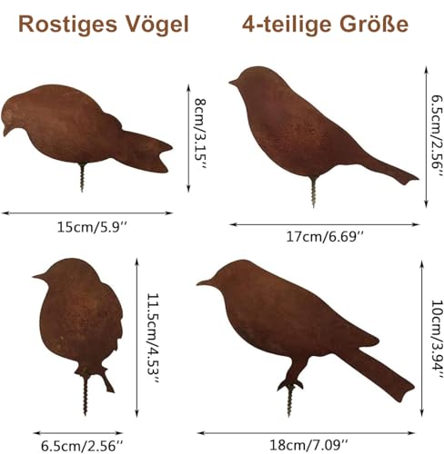 Voarge Rostiges Vögel Deko Rost, Edelrost Metall Vogel Stecker Gartendeko Rostoptik mit Schraubgewinde,für Holz Zaunfiguren Gartendeko (Rostiger Vogel(4))