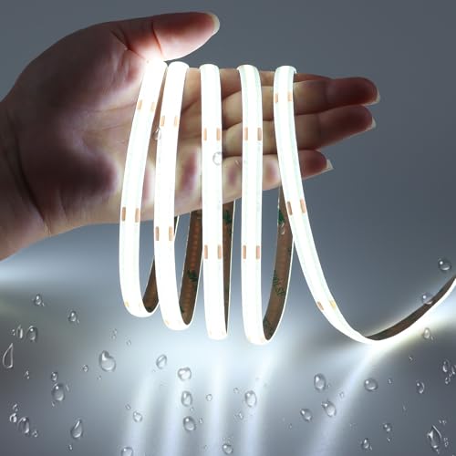 JOYLIT 12V COB White LED Strip Lights Waterproof 20FT/6M 320LEDs/M Uniform Flexible 6000K Cool White Tape Light for Cabinets, Shelves, Counters, Closets, RV Decoration (LED Strip Only)
