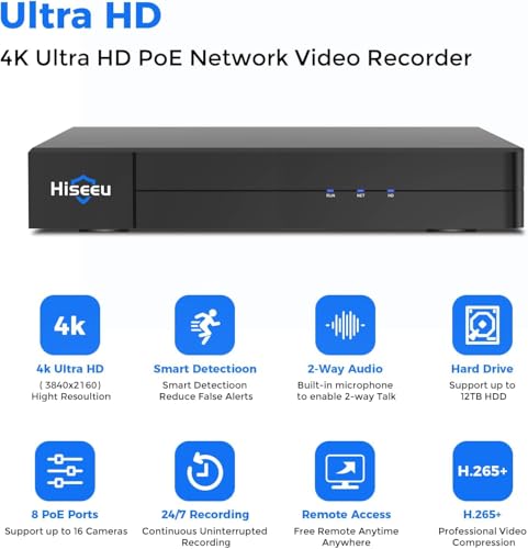 【16 channel Extendable】Hiseeu 8 Port 4K PoE Network Video Recorder NVR, Support 4K/2K/8MP/5MP/3MP/1080P PoE Camera, Free Remote Access, Motion Alarm, 24/7 Recording, Smart Playback, No Hard Disk Drive by Hiseeu - Image 2