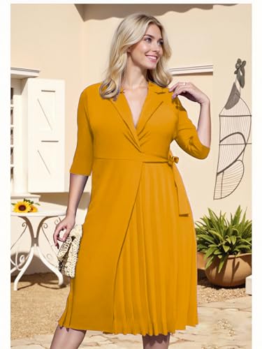 Image of Hostoyo Plus Size Wrap Dress Elegant Pleated Formal Midi Dresses Suit Collar 3 /4 Sleeve Belted Casual Church Outdoor Office