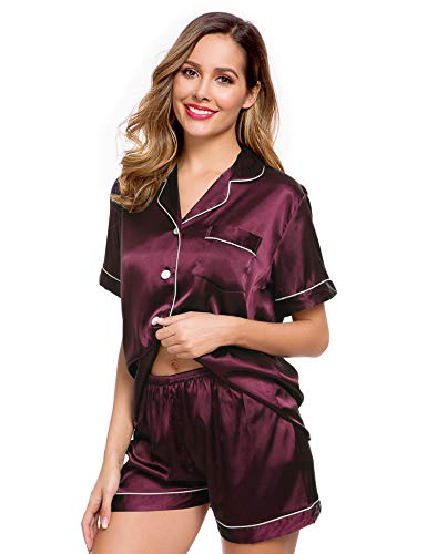 Image of LecGee Womens Silk Satin Pajamas Short Sleeve Loungewear Two-Piece Sleepwear Button-Down Pj Set