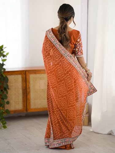 Image of Satrani Women's Georgette Bandhani Printed Sequin Embroidery Saree with Unstitched Blouse Piece