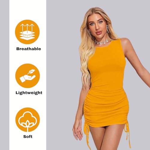 Image of LONDON BELLY Women's Solid Pattern Polyester Blend Bodycon Mini Dress with Drawstring Fitted Closure Type Round Neck and Sleeveless Thigh Length | One Piece Dresses for Women