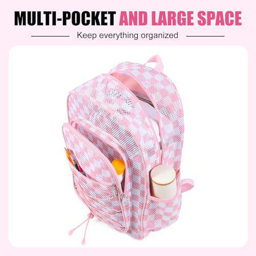 Image of COVAX Mesh Backpack for School Heavy Duty Semi-Transparent Bookbags for Beach, Swimming, Sports, Work, Travel (Pink and White Checkerboard)