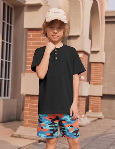 Image of Arshiner Boy's Textured Button Up Shirt and Shorts Set 2 Piece Summer Beach Outfit for 5~12 Years Kids