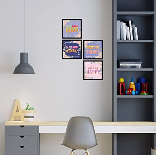 Image of ArtX Paper Motivational Quotes Be Happy Wall Art Painting, Framed Paintings For Home Office Decor 20 X 20 inches, 10.0 X 10.0 each, Multicolor Posters With Frame, Set of 4