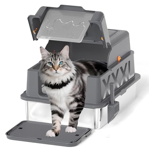 Homegroove XXXL Stainless Steel Litter Box with Lid, 28''x20''x18'' Extra Large Cat Litter Box with Litter Scoop & Pedal, Enclosed Metal Cat Litter Pan for Large & Multi-Cats, Anti-Leakage (Grey)