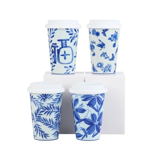 meicilin 14 oz ceramics Handmade blue and white Retro Coke cups coffee tea set of 4 china Coffee Mugs for Tea, Milk,Dishwasher and Microwave Safe?Free gift soft silicone cover and gift box