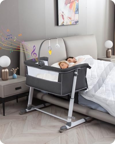 Image of Yacul Baby Bassinet, Bedside Crib Sleeper with Wheels and Music Box, Breathable Mesh Height Adjustable Baby Bedside Sleeper, Portable, Dark Gray