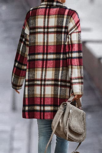 Prettygarden Women's 2023 Plaid Shacket Jacket Casual Button Wool Blend Winter Tartan Trench Coat With Pockets (Red,Medium) #TOP2
