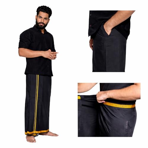 Image of Men's Dhoti with Hook and loop fastener, Gold Zari Border & Side pocket - Free Size, length 44 inches. (1, Black)