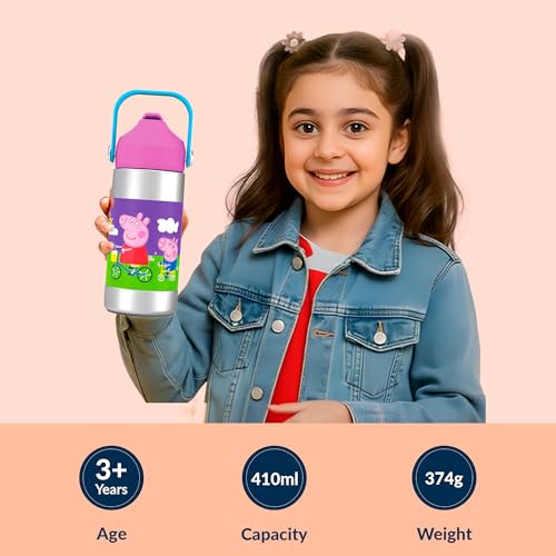Image of Rabitat Sipzy Peppa Pig Stainless Steel Kids Water Bottle 410ml | 2 Year Brand Warranty | Insulated School Bottle for Boys & Girls | Hot & Cold 20 Upto Hours | Leakproof BPA Free | Follow Me