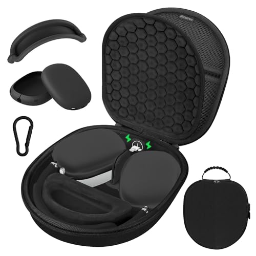 Miscrew Premium Kopfhörer Tasche für AirPods Max mit Ladeanschluss, schlafmodusfähiges Headphone Case, stoßfestes Design, Magnetverschluss und Schlüsselanhänger, Elegantes Etui, Schwarz