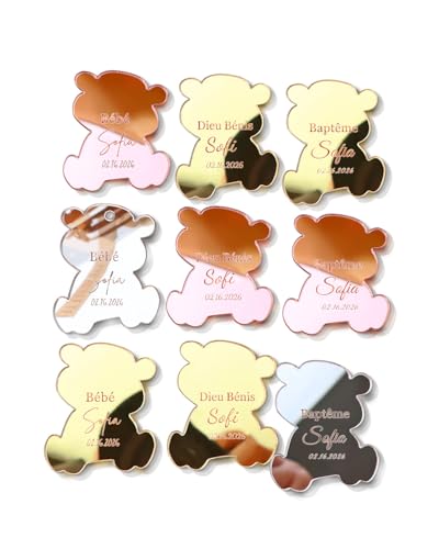 30 étiquettes cadeaux de baptême personnalisées, étiquettes de faveur personnalisées en acrylique avec nom d'ours Mi Bautizo pour baby shower, première...