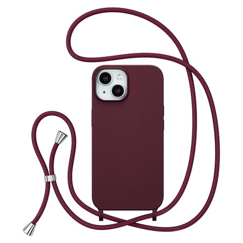 ZTOFERA Coque avec Cordon pour iPhone 15, Étui Housse Silicone Liquide avec Chaîne Collier Antichoc Protection Cover avec Bandoulière Réglable Lanyard Coque pour iPhone 15, Rouge vin
