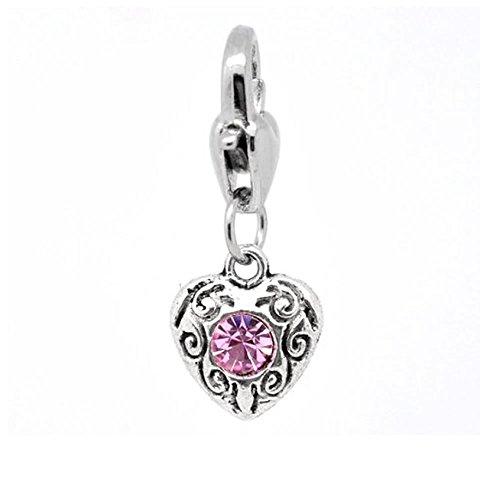 Sexy Sparkles Clip-On Birthstone Charm – October Color Rhinestone Heart, Lobster Clasp Pendant for Bracelets, Necklaces, and Keychains, Made of Zinc Alloy