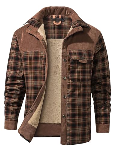 Image of Gihuo Men's Long Sleeve Sherpa Lined Shirts Outdoor Warm Flannel Plaid Jacket Button Down Fleece Coats
