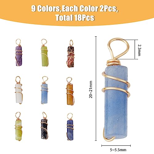 SUPERFINDINGS 18Pcs 9 Styles Gemstone Pendants Column Natural Mixed Stone Charms with Light Gold Copper Wire Wrapped Crystal Stone Pendants Charms for Earring Necklace Bracelet Jewelry Making - Image 2