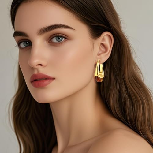 Vintage Gold Hoops Earrings for Women,Brown White Blue Pink Chunky Dangle Drop Jewelry with Resin Gemstones, Trendy Statement Earrings for Beach,Party, Vintage Gift for Travel Maximalist Jewelry4