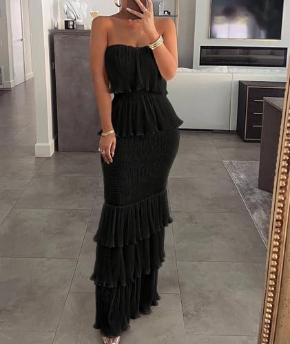 Image of SEMATOMALA Women's Boho Tube Top Tiered Ruffle Slim Fitted Maxi Dress Smocked Vacation Holiday Long Dress
