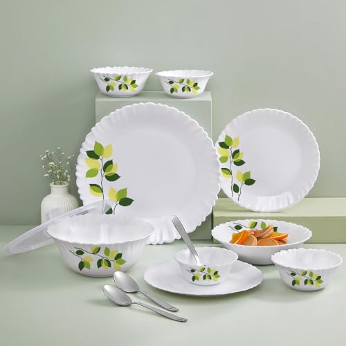 Image of Larah by Borosil Silk Series Green Leaves Opalware Dinner Set with Steel Spoon | 41 Pc for Family of 6 | Microwave & Dishwasher Safe | Bone-Ash Free | Crockery Set for Dining & Gifting | Plates & Bowl