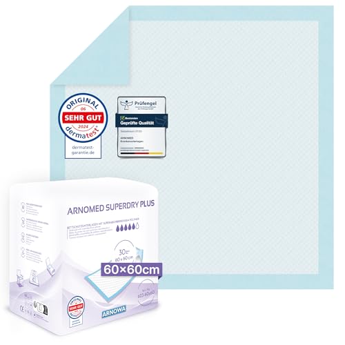 ARNOMED Krankenunterlagen 60x60cm, 30x saugstarke Inkontinenzunterlagen Einweg, Wickelunterlage für Babys, 5-lagige Zellstoff Unterlagen fürs Bett bei z.B. Inkontinenz, Wickelunterlage Einweggebrauch