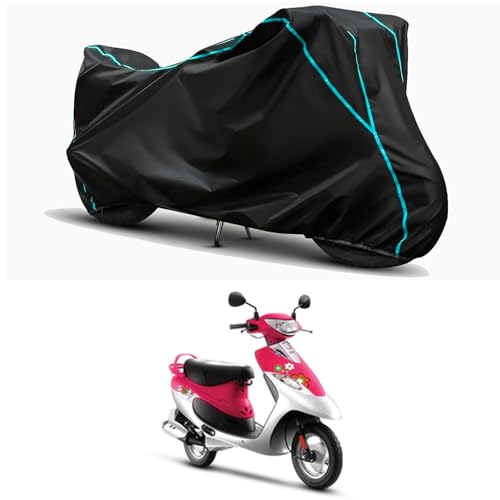 Image of Waterproof Bike Body Cover Compatible for | TVS Scooty Pep Plus | Taffeta Fabric, Sky Piping Design, Bottom Elastic Fit | Dustproof, Sun UV & Rain Protection for All Weather.