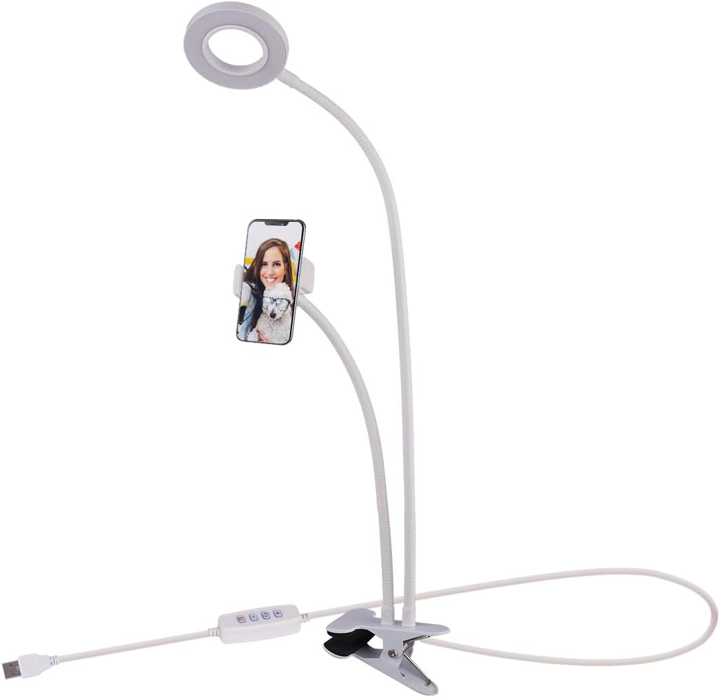 Selfie Ring Light with Cell Phone Holder Stand for Live Stream/Makeup, LED Camera Lighting [3-Light Mode] with Flexible Arms Compatible with All Cellphone Models and Android Phones (White)