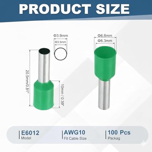 Image of SAFE HOME PRO 100 Pcs 6.0mm Ferrule Copper Crimp Connectors Lugs End Termnal,Green Insulated Crimp Pin Terminals Copper Crimp Ferrules Wire Cord Pin End E6010 For Multiple Application (6mm) Green)