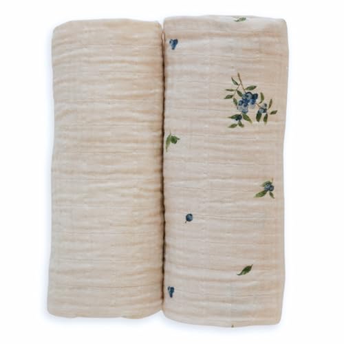 Image of 2-Pack 100% Organic Cotton Muslin Swaddle Blankets | 47” x 47” Soft & Breathable Receiving Blankets for Newborns, Baby Boys & Girls | Unisex, Washable, Ideal (Blueberry & Ivory)