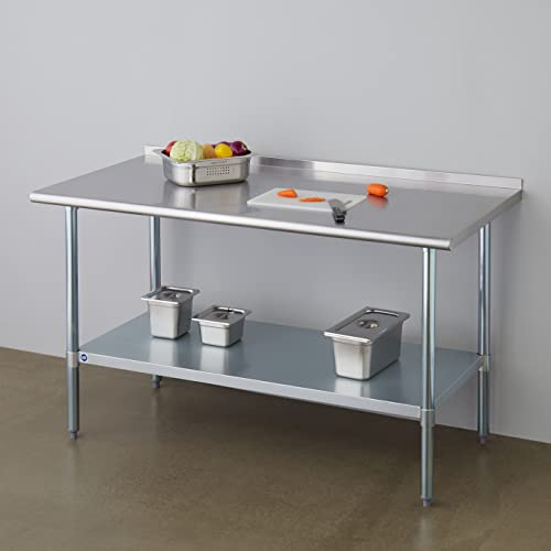 Image of ROCKPOINT Stainless Steel Table for Prep & Work with Backsplash 30x60 Inches, NSF Metal Commercial Kitchen Heavy Duty Table with Adjustable Under Shelf and Table Foot for Restaurant, Home and Hotel