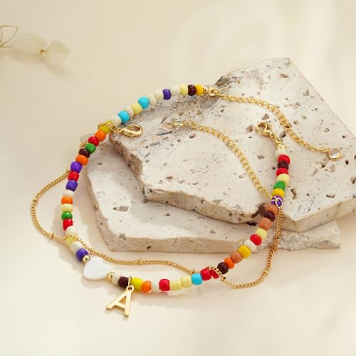 Image of Eaciy Colorful Initial Ankle Bracelets for Women - 14K Gold Plated Layered Heart Initial Anklets Bracelet Dainty A Letter Ankle Bracelet Colorful Layered Anklet Bracelet for Women