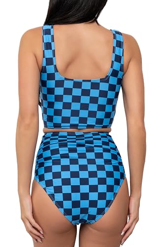 Coral Reef Swim Tankini Swimsuits - Square Neck Tankini Top & High Waisted Ruched Bikini Bottoms-Blue/Black (XXS-3XL)4