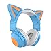 Jiakalamo Casque de gaming avec oreilles de chat - Avec lumière LED - Sans fil - Bluetooth 5.0 - Casque de jeu - Casque de jeu - Casque de chat - Casque d'écoute - Bleu - 1 pièce