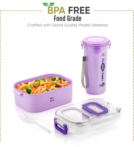 Image of 3 Compartment Lunch Box with 1 Lid Box & Water Bottle Combo | Spoon Fork Included | Leak Proof Lock Mechanism | Microwave Dishwasher & Freezer Safe for Kids & Adults