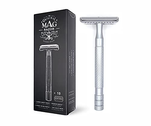 MAG Shaving Co. Magnus 20M - Classic Three-Piece Closed Comb Safety Razor for Men; 1 Premium Razor Handle + 10 Platinum Coated Stainless Steel Refills