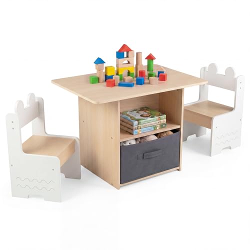 Lifezeal - Mesa infantil con 2 sillas con almacenamiento, mesa de actividades para bebe con 2 compartimentos, 1 cajón plegable de tela, esquinas redondeadas, escritorio para niño y niña de 3 años para
