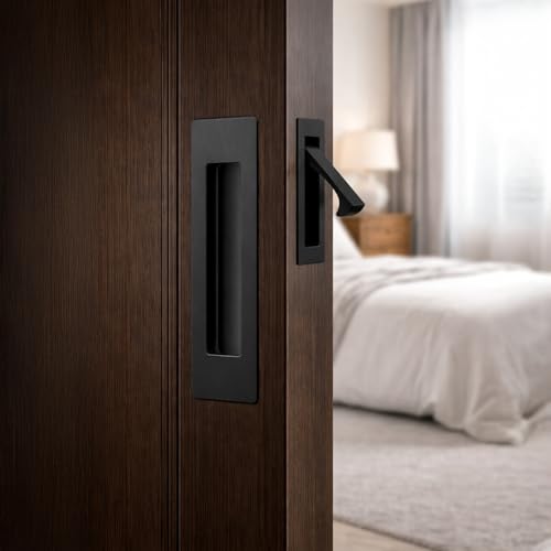 Herraje para puerta corrediza, tirador empotrado de acero inoxidable cepillado en negro, 3.15 x 0.87 pulgadas, diseño contemporáneo para puertas corredizas miniatura 2