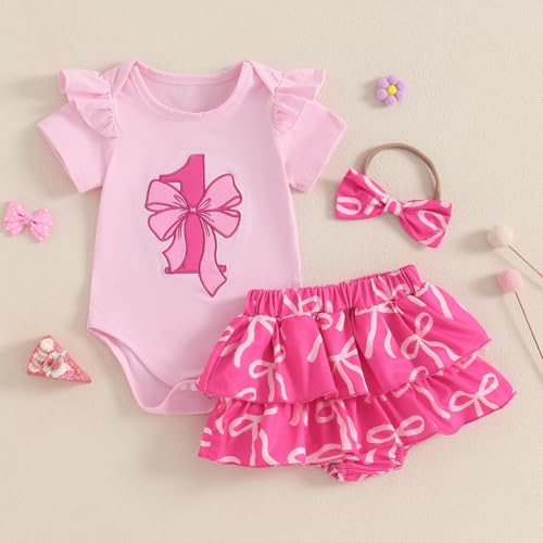 Baby Girl 1st Birthday Outfit Bow Ruffle Short Sleeve Romper Bodysuit T-Shirt Tutu Skirt Shorts Set Summer Clothes2