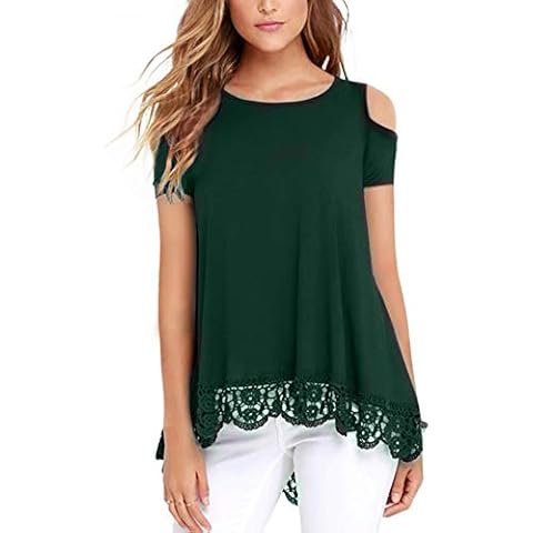 RAGEMALL Womens Cold Shoulder Tops Short Sleeve Lace Trim Tunic Blouse Top for Women Green XL Cover