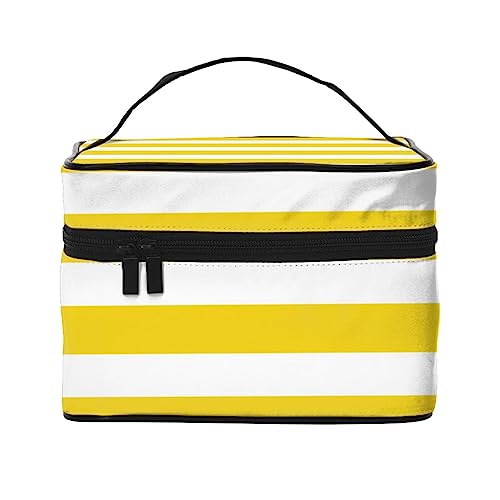 Beauty case organizer grande borsa per cosmetici con stampa di uova di Pasqua con cerniera per donne e truccatori quadrata portatile Modello Strisce Giallo Limone Taglia unica