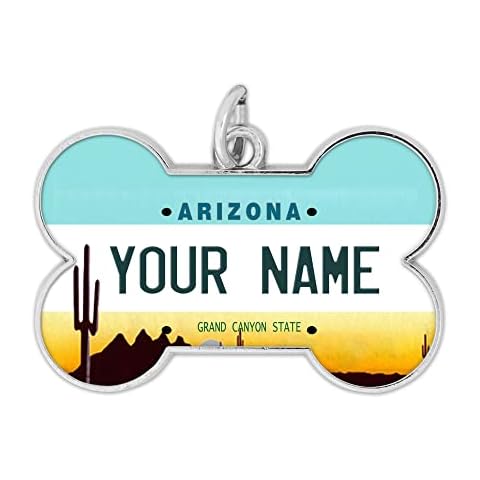Bleu Reign Personalized Dog Tag - Custom Name Arizona State License Plate Bone Shaped Metal Pet ID with Contact Information Cover