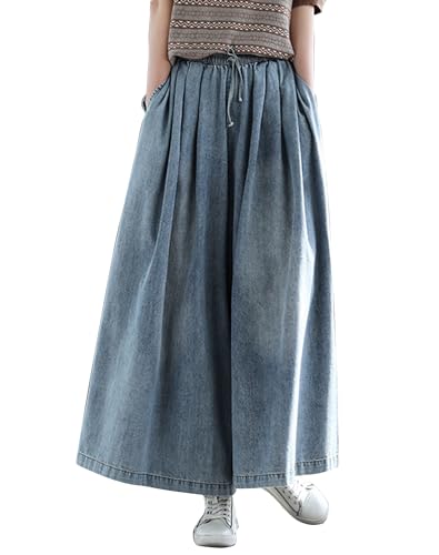 Womens Elastic Waist Cropped Denim Pants Loose Wide Leg Jeans