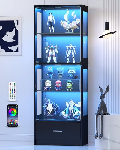 Lamtor Display Cabinet with Glass Doors - 67' Curio Cabinet with RGB LED Lights and Drawer for Collectibles, 4 Tier Glass Display Case for Living Room, Office, Black(Narrow)