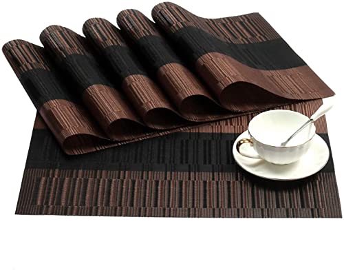 Image of Anugrah Dining Mats Table Mats PVC Placemats Heat-Resistant Placemat for Dining Tea Table Woven Vinyl Stain Resistant Table Mats Easy to Clean - 45x30 cm (Brown Black, 6)