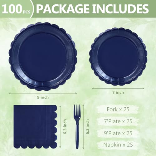 Image of 100 Navy Blue Paper Plates and Napkins Disposable for Party, 25-9 inch&25-7 inch