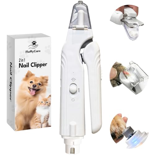 FluffyCare 2-in-1 Dog & Cat Nail Clippers with Light USB Rechargeable Pet Nail Trimmer Safety Guard to Prevent Overcutting Sharp Blade for Thick Nails Quiet Grooming Tool for Large Small Pets