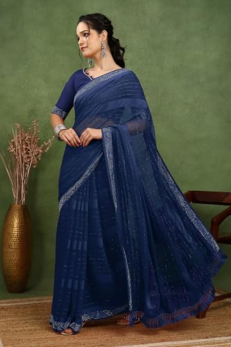 Image of MIRCHI FASHION Saree for Woman Georgette Solid with Satin Stripes | Stone Border Farewell and Ceremonial Sari with Blouse Piece