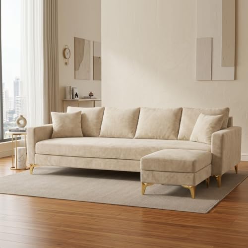 Image of Classiq Rich 5 Seater L Shape Sofa Set with Movable Ottoman | Flexible Layout | Spacious Soft Touch Seating | Designer Sofa for Living Room (Cream)